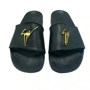 Giuseppe Zanotti Brett black leather Slide Sandal With gold Logo size 42